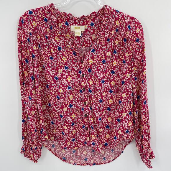 MAEVE by Anthro Spring Floral Top Shirt Size 00P Dark Pink Long Sleeve Button - Picture 1 of 8